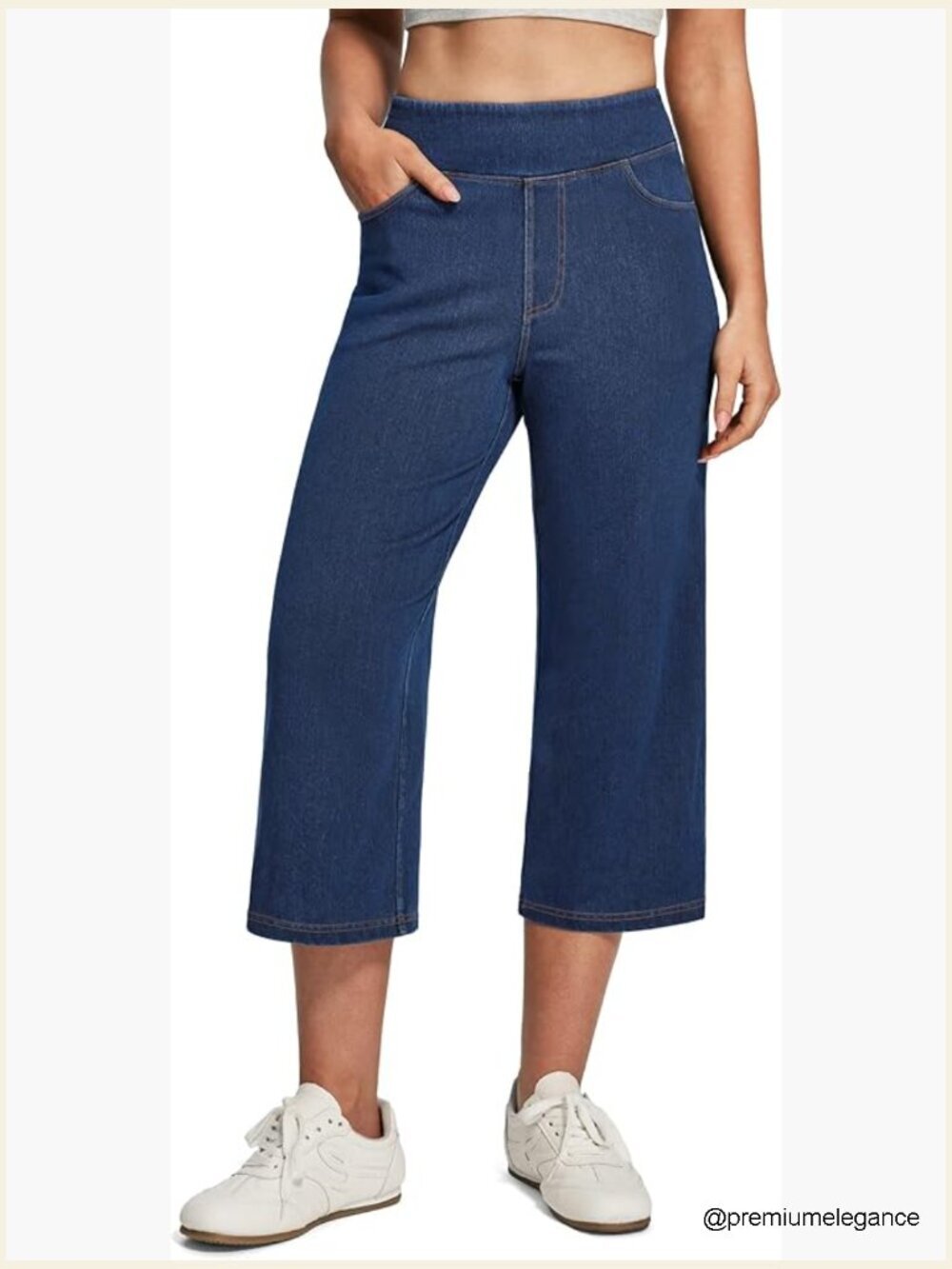 Stretchy Pull On Wide Leg Cropped Capri Jeans High Waisted with Pockets